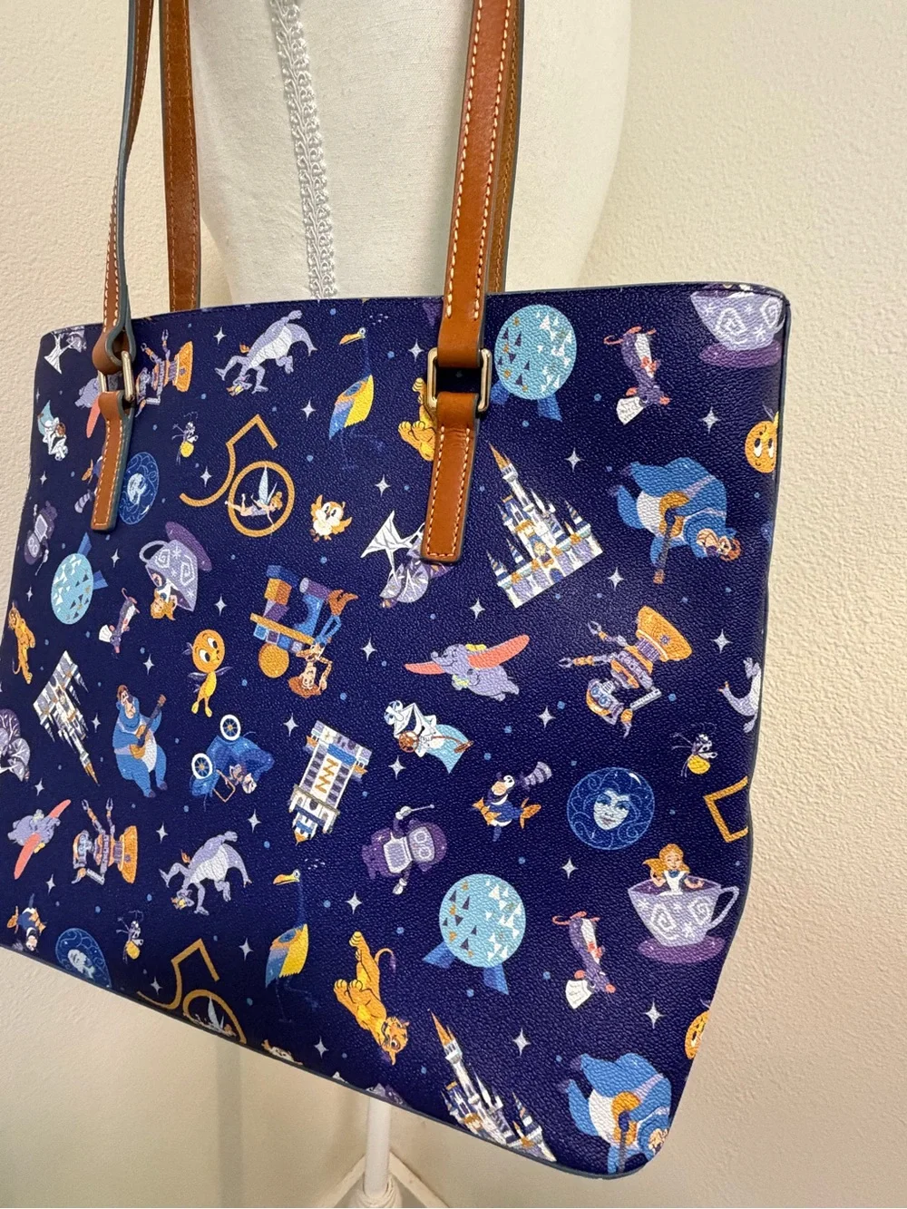Dooney & Bourke Navy Blue 💙 Disney 50th Anniversary Tote Tan Trim Alice Dumbo